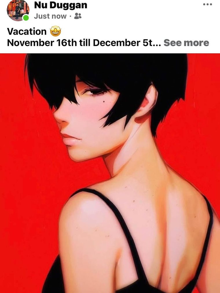 A painting by Nu Duggan — a graphic mod portrait